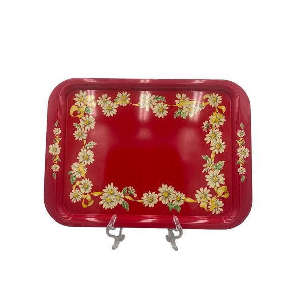 Vintage Red Metal Daisy Floral Serving Tray1950’s Mid-Century  Daisy Border - Picture 1 of 8